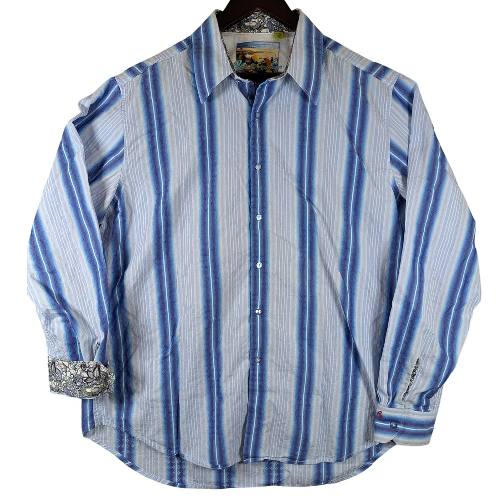 Robert Graham Striped‎ Button Down Flip Cuff Shirt Embroidered Details Mens 2XL